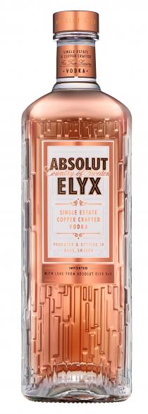 ABSOLUT ELYX SINGLE ESTATE & COPPER CRAFTED For True Luxury VODKA ABSOLUT Country of Sweden ELYX SINGLE ESTATE COPPER CRAFTED VODKA PRODUCED & BOTTLED IN AHUS, SWEDEN IMPORTED WITH LOVE FROM ABSOLUT
