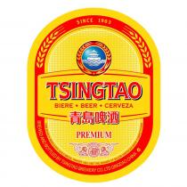 SINCE 1903 TSINGTAO BIERE BEER CERVEZA PREMIUM TSINGTAO 1903 1906 MUNICH BEER EXPO GOLD MEDAL WINNER 1981-1987 THE WINNER OF MAJOR AMERICAN BEER COMPETITIONS BREWED AND BOTTLED BY TSINGTAO BREWERY 青島啤酒