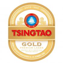 ESTD 1903 TSINGTSO GOLD PREMIUM LAGER BREWED WITTH MOUNTAIN SPRING WATER BREWED & BOTTLED BY TSINGTAO BREWERY CO., LTD. IN QINGDAO, CHINA