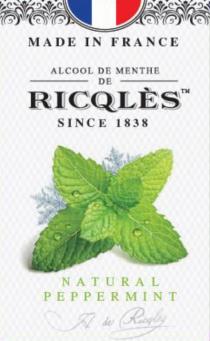 MADE IN FRANCE ALCOOL DE MENTHE DE RICQLES SINCE 1838 NATURAL PEPPERMINT H de Ricqles