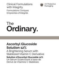 Clinical Formulations with Integrity. Formulations Cliniques Empreintes d'Integrite. UV UV Protective Packaging The Ordinary. Ascorbyl Glucoside Solution 12% A Brightening Serum with Stabilized Vitamin C Derivative Solution d'Ascorbyl Glucoside 12% Un Serum Eclaircissant a base de Derive de Vitamine C Stabilisee