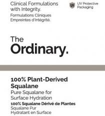 Clinical Formulations with Integrity. Formulations Cliniques Empreintes d'Integrite. UV UV Protective Packaging The Ordinary. 100% Plant-Derived Squalane Pure Squalane for Surface Hydration 100% Squalane Derive de Plantes Squalane Pur Hydratant en Surface