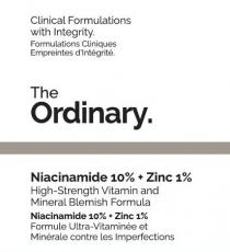 Clinical Formulations with Integrity. Formulations Cliniques Empreintes d'Integrite. The Ordinary. Niacinamide 10% + Zinc 1% High-Strength Vitamin and Mineral Blemish Formula Niacinamide 10% + Zinc 1% Formule Ultra-Vitaminee et Minerale contre les Imperfections