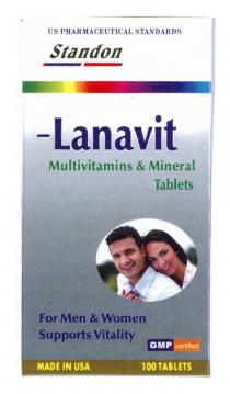 US PHARMACEUTICAL STANDARDS Standon -Lanavit Multivitamins & Mineral Tablets For Men & Women Supports Vitality GMP certified MADE IN USA 100 TABLETS