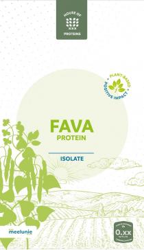 HOUSE OF XXX PROTEINS PLANT-BASED POSITIVE IMPACT FAVA PROTEIN ISOLATE xxx meelunie EST.1867 CLIMATE FOOTPRINT 0.xx kg CO2E/kg CARBONCLOUD.COM