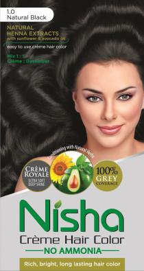 1.0 Natural Black NATURAL HENNA EXTRACTS with sunflower & avocado oil easy to use creme hair color Mix 1:1 Creme : Developer Conditioning with Natural Herbs CREME ROYALE ULTRA SOFT DEEP SHINE 100% GREY COVERAGE Nisha Creme Hair Color NO AMMONIA Rich, bright, long lasting hair color