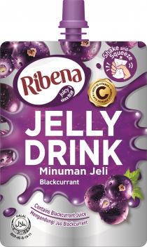 Ribena juicy since 1938 Shake and Squeeze RICH IN VITAMIN KAYA DENGAN VITAMIN C JELLY DRINK Minuman Jeli Blackcurrant Contains Blackcurrant Juice Mengandungi Jus Blackcurrant HALAL ISLAMIC DAWAH COUNCIL OF THE PHILS. IDCP-HC-B-14-11