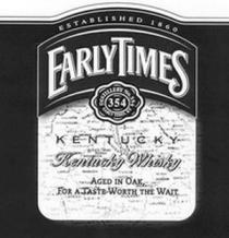 ESTABLISHED 1860 EARLY TIMES 354 DISTILLERY No. 354 EARLY TIMES, KY KENTUCKY Kentucky Whisky AGED IN OAK, FOR A TASTE WORTH THE WAIT