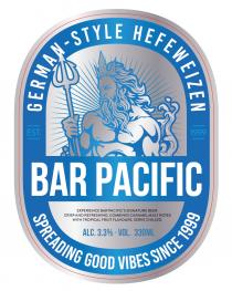 GERMAN-STYLE HEFEWEIZEN EST. 1999 BAR PACIFIC EXPERIENCE BAR PACIFIC'S SIGNATURE BEER. CRISP AND REFRESHING. COMBINES CARAMELMALT NOTES WITH TROPICAL FRUIT FLAVOURS. SERVE CHILLED. ALC. 3.3% VOL. 330ML SPREADING GOOD VIBES SINCE 1999