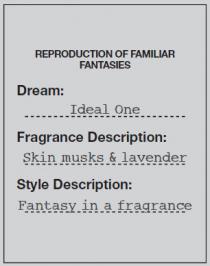 REPRODUCTION OF FAMILIAR FANTASIES Dream: Ideal One Fragrance Description: Skin musks & lavender Style Description: Fantasy in a fragrance
