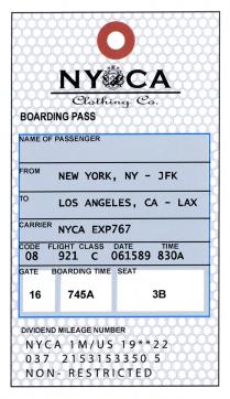 NYCA Clothing Co. NYCA 1M/US 19**22 037 2153153350 5 NON-RESTRICTED BOARDING PASS NEW YORK, NY-JFK LOS ANGELES, CA-LAX NYCA EXP767 08 921 C 061589 830A 16 745A 3B