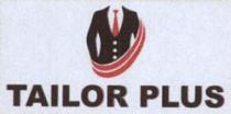 TAILOR PLUS, COAT, TIE AND TWO RED CURVED LINES