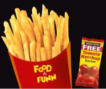 FOOD & FUNN;BOX AND FRENCH FRIES WITH THE TOMATO KETCHUP SACHET