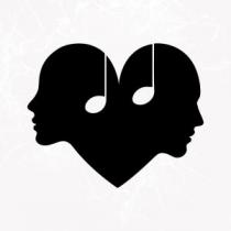 2 faces in opposing directions conjoined to form a heart with a musical note to represent headphones