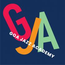 'GJA' written in Red, Yellow and Green Colour in a creative manner. Goa Jazz Academy written in artistic form diagonally