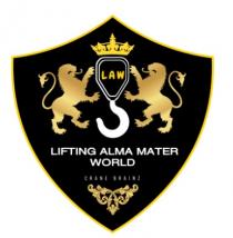 LIFTING ALMA MATER WORLD CRANE BRAINDevices Shield emblem with golden lions, crown, and 'LAW' inscription