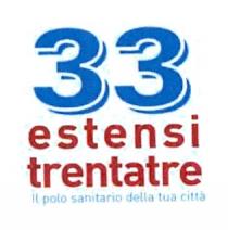Estensi 33 s.r.l. Logo 33 scritto in numero, con sfumature bianche all interno. Al di sotto del logo 33 appare la scritta Estensi 33 s.r.l. Logo 33 scritto in numero, con sfumature bianche all interno. Al di sotto del logo 33 appare la scritta estensi trentatre in lettere con iniziali in minuscolo, su una o due righe. font utilizzato per la scritta estensi trentatre è il DIN BOLD 12pt in minuscolo. Al di sotto della scritta estensi trentatre appare la scritta il polo sanitario della tua città oppure le parole Prevenzione, Diagnosi, Cura, Riabilitazione . Il font utilizzato per le scritte è il DIN LIGHT - 7pt in maiuscolo. Tale descrizione risulta meglio rappresentata dall immagine allegata. Estensi 33 s.r.l.Logo 33 scritto in numero, con sfumature bianche all interno. Al di sotto del logo 33 appare la scritta