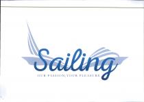 SAILING - OUR PASSION, YOUR PLEASURE - Il logo è strutturato su tre elementi. Un primo elemento è costituito da SAILING - OUR PASSION, YOUR PLEASURE - logo è strutturato su tre elementi. Un primo elemento è costituito da due immagini sullo sfondo, di cui una raffigurante a sinistra una barca a vela stilizzata composta da uno scafo sormontato da tre linee perpendicolari di colore grigio pantone 5435 U, l altra raffigurante a destra uno yacht a motore sormontato da tre linee orizzontali parallele di colore grigio pantone 5435 U . Un secondo elemento è la scritta sailing nome font Nexa Rust Script L 0 in primo piano con la caratteristica di avere il testo composto da due colori rispettivamente in basso il colore blu e in alto il colore celeste pantone 306 U . Un terzo elemento è costituito dal sottotitolo Our Passion, Your Pleasure nome font Garamond di colore grigio scuro pantone 548 U che si estende da sotto la lettera s di sailing a sotto la lettera n sempre della scritta sailing SAILING - OUR PASSION, YOUR PLEASURE - Il logo è strutturato su tre elementi. Un primo elemento è costituito da