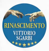 marchio consiste nella dicitura RINASCIMENTO VITTORIO SGARBI scritta, con lettere maiuscole dei caratteri AGaramond pro, formando tre righe orizzontali marchio consiste nella dicitura RINASCIMENTO VITTORIO SGARBI scritta, con lettere maiuscole dei caratteri AGaramond pro, formando tre righe orizzontali di cui la prima è di colore giallo e le altre due di colore bianco. Il tutto sovrastato dall immagine della mani di Dio e di Adamo tratta dall affresco della Cappella Sistina ed insieme a questa inserito in un disco blu racchiudente anche, nella parte più bassa, una successione di sette stelle di colore giallo ed aventi dimensioni simmetricamente decrescenti a partire da quella centrale. Il marchio consiste nella dicitura RINASCIMENTO VITTORIO SGARBI scritta, con lettere maiuscole dei caratteri AGaramond pro, formando tre righe orizzontali