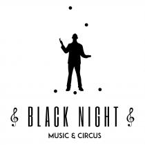 Marchio figurativo composto da un giocoliere con cinque palline e la scritta BLACK NIGHT posizionata al sotto; alla destra e Marchio figurativo composto da un giocoliere con cinque palline e la scritta BLACK NIGHT posizionata al sotto; alla destra e alla sinistra della sopracitata scritta compaiono due note musicali. Ancora sotto compare la scritta MUSIC E CIRCUS di dimensioni più piccole, come da fac simile allegato. font utilizzato è Six Caps. Marchio figurativo composto da un giocoliere con cinque palline e la scritta BLACK NIGHT posizionata al sotto; alla destra e