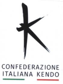 IL MARCHIO E COSTITUITO DALLA LETTERA K, DI COLORE NERO, DERIVATA DA TRE DISTINTI SEGNI DI PENNELLO, IN COMBINAZIONE CON MARCHIO E COSTITUITO DALLA LETTERA K, DI COLORE NERO, DERIVATA DA TRE DISTINTI SEGNI DI PENNELLO, IN COMBINAZIONE CON LA DICITURA CONFEDERAZIONE ITALIANA KENDO, DI COLORE NERO, POSTA AL DI SOTTO DELLA LETTERA K. COMPLETANO IL LOGOTIPO TRE RETTANGOLI VOLTI A SIMULARE LA BANDIERA ITALIANA STILIZZATA IL MARCHIO E COSTITUITO DALLA LETTERA K, DI COLORE NERO, DERIVATA DA TRE DISTINTI SEGNI DI PENNELLO, IN COMBINAZIONE CON