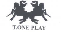 T.ONE PLAY due cavalieri a cavallo simmetrici con lancia rivolta verso il basso, con la scritta T.ONE PLAY in basso. T.ONE PLAY due cavalieri a cavallo simmetrici con lancia rivolta verso basso, con la scritta T.ONE PLAY in basso. T.ONE PLAY due cavalieri a cavallo simmetrici con lancia rivolta verso il basso, con la scritta T.ONE PLAY in basso.