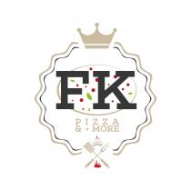 logotipo FK-PIZZA MORE è iscritto in una forma circolare, inserito all interno di una sagoma con una corona in logotipo FK-PIZZA MORE è iscritto in una forma circolare, inserito all interno di una sagoma con una corona in cima. Il marchio è composto da una pizza astratta con elementi esplicativi che ne ricordano la forma e il condimento, sopra a tutto ci sono le lettere F e K e in basso la scritta pizza more. Nella parte inferiore sono presenti una forchetta da griglia, una spatola e una bistecca. Il logotipo FK-PIZZA MORE è iscritto in una forma circolare, inserito all interno di una sagoma con una corona in