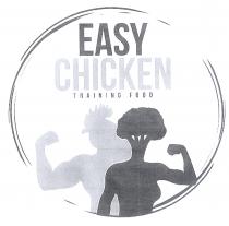 EASY CHICKEN TRAINING FOOD Il marchio, racchiuso all interno di un cerchio, presenta in alto in grande il nome dell attività EASY CHICKEN EASY CHICKEN TRAINING FOOD marchio, racchiuso all interno di un cerchio, presenta in alto in grande il nome dell attività EASY CHICKEN pollo facile sotto in piccolo il sottotitolo riferente alla tipologia di prodotto offerto TRAINING FOOD cibo per l allenamento/sport . La metà inferiore del cerchio è occupata invece da due figure grafiche rappresentanti una donna atletica con la testa di broccolo e un uomo muscoloso con la testa di pollo. Entrambe le figure, una da una parte e l altra dalla parte opposta, contraggono il bicipite mostrando la loro forza. EASY CHICKEN TRAINING FOODIl marchio, racchiuso all interno di un cerchio, presenta in alto in grande il nome dell attività EASY CHICKEN