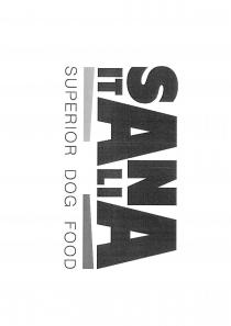 logo è rappresentato dalle scritte SANA ITALIA e SUPERIOR DOG FOOD contrassegnato con due caratteri di scrittura differenti. SANA logo è rappresentato dalle scritte SANA ITALIA e SUPERIOR DOG FOOD contrassegnato con due caratteri di scrittura differenti. SANA ITALIA è la scritta riportata superiormente, la carateristica principale è la lettera A della parola SANA e ITALIA in comune. SUPERIOR DOG FOOD è posto inferiormente ed è di minor grandezza. Tra le due scritte sono presenti due virgole orizzontali come meglio si evince dalla figura allegata. Il marchio può essere riprodotti in qualsiasi colore o combinazione di colori. Il logo è rappresentato dalle scritte SANA ITALIA e SUPERIOR DOG FOOD contrassegnato con due caratteri di scrittura differenti. SANA