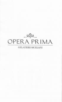 Simbolo grafico in testa, composto da una linea continua che descrive tre volute a forma di e, di cui quella Simbolo grafico in testa, composto da una linea continua che descrive tre volute a forma di e, di cui quella centrale più grande e le due laterali simmetriche e di misura ridotta.Alla voluta centrale si sovrappone una linea che descrive un cuore. Al di sotto del simbolo, in primo piano, la scritta in stampatello maiuscolo OPERA PRIMA con sottolineatura, ancora più in basso, la scritta in stampatello maiuscolo GELATIERI SICILIANI con carattere ridotto. Simbolo grafico in testa, composto da una linea continua che descrive tre volute a forma di e, di cui quella