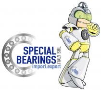 Special Bearing import.export tradotto dall inglese: super cuscinetti, importazione, esportazione, Italy srl Il marchio rappresenta la scritta SPECIAL BEARINGS in stampato maiuscolo Special Bearing import.export tradotto dall inglese: super cuscinetti, importazione, esportazione, Italy srl marchio rappresenta la scritta SPECIAL BEARINGS in stampato maiuscolo su 2 righe nel colore blu royal, appena sotto più piccola la scritta import export in stampatello minuscolo in azzurro, appena a destra in verticale la scritta ITALY SRL in stampato maiuscolo grigio, appena sopra 2 striscioni uno azzurro con stelline gialle, l altro verde bianco e rosso. A sinistra l immagine di un cuscinetto grigio che avvolge la scritta e si spezza su di essa A destra l immagine di un robot grigio chiaro in stile cartone animato che si presenta in piedi e sorridente, ha il caschetto grigio scuro, la mascherina verde, protezioni di spalle, gomiti, mani, inguine e ginocchia gialli, sul petto ha marchiato un cuscinetto grigio, mentre sull avambraccio destro e sulla caviglia sinistra ha impresso il logo senza robot Special Bearing import.export tradotto dall inglese: super cuscinetti, importazione, esportazione, Italy srlIl marchio rappresenta la scritta SPECIAL BEARINGS in stampato maiuscolo