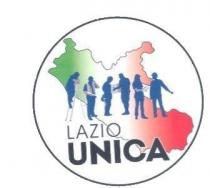 LAZIO UNICA cerchio con riempimento bianco con linea di circonferenza blu, al centro su sfondo bianco la figura della Regione LAZIO UNICA cerchio con riempimento bianco con linea di circonferenza blu, al centro su sfondo bianco la figura della Regione lazio, contornata da bordo nero, riempita all interno da 3 sfumature oblique, partendo dall alto con colore verde, segue bianco e a finire con rosso. Al centro del cerchio n.6 figure umane di colore blu cobalto, che rappresentano lavoratori di varie categorie: da sinistra verso destra uomo in opera su scaletta, uomo con casco antinfortunistico con in mano progetto cartaceo, uomo con casco antinfortunistico e attrezzi sul fianco, uomo portantino con scatola in mano, donna che scrive su blocco appunti, uomo con casco antinfortunistico con braccio sinistro alzato per dare direttive. In basso a sinistra la scritta LAZIO di colore blu in maiuscolo stampatello, sotto al centro del rigo la scritta UNICA di colore blu in maiuscolo stampatello grassetto. LAZIO UNICA cerchio con riempimento bianco con linea di circonferenza blu, al centro su sfondo bianco la figura della Regione