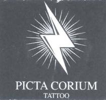 PICTA CORIUM TATTOO fulmine bianco dei raggi simmetrici grigi, sfondo nero e scritta di colore bianco. PICTA CORIUM TATTOO fulmine bianco dei raggi simmetrici grigi, sfondo nero e scritta di colore bianco. PICTA CORIUM TATTOO fulmine bianco dei raggi simmetrici grigi, sfondo nero e scritta di colore bianco.