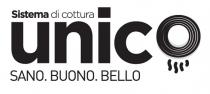 marchio è costituito dalla scritta UNICO, in cui la lettera finale O viene sostituita da una serie di cerchi marchio è costituito dalla scritta UNICO, in cui la lettera finale O viene sostituita da una serie di cerchi concentrici che evocano un coperchio stilizzato con sotto quattro linee ondulate. Sopra le lettere un di detta scritta, sono presenti le parole SISTEMA DI COTTURA, mentre sotto le lettere unic si trova la dicitura SANO.BUONO.BELLO . Il marchio è costituito dalla scritta UNICO, in cui la lettera finale O viene sostituita da una serie di cerchi