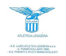 SS. LAZIO ATLETICA LEGGERA il marchio raffigura un aquila ad ali spiegate che sormonta uno scudetto bianco e celeste tre bande SS. LAZIO ATLETICA LEGGERA marchio raffigura un aquila ali spiegate che sormonta uno scudetto bianco e celeste tre bande bianche quattro bande celesti nel quale compare tre bande bianche quattro bande celesti nel quale compare la scritta SS LAZIO sotto lo scudetto vi e la scritta atletica leggera il marchio e completato dalle sottostanti scritte S.S. Lazio Atletica Leggera A.S.D. S.Podistica Lazio 1900 SS podisti ed atleti biancocelesti tutte in stampatello maiuscolo insieme o in alternativa tra loro. Marchio figurativo a colore. SS. LAZIO ATLETICA LEGGERA il marchio raffigura un aquila ad ali spiegate che sormonta uno scudetto bianco e celeste tre bande