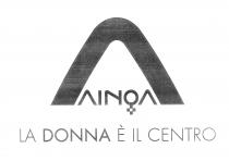 LOGO COMPOSTO DA DUE PRINCIPALI ELEMENTI, UNA GRANDE E SPESSA IPERBOLE V ROVESCIATA CHE SINTETIZZA LA LETTERA A, ALLA BASE LOGO COMPOSTO DA DUE PRINCIPALI ELEMENTI, UNA GRANDE E SPESSA IPERBOLE V ROVESCIATA CHE SINTETIZZA LA LETTERA A, ALLA BASE E ALL INTERNO DELLA QUALE E POSIZIONATA LA SCRITTA AINOA, REALIZZATA CON UN FONT CREATO, LINEARE SENZA GRAZIE. AL DI SOTTO E ATTACCATI ALLA LETTERA O SONO PRESENTI QUATTRO PICCOLI QUADRATI, CHE POSIZIONATI A CROCE VERTICALI INSIEME ALLA O STILIZZANO SIMBOLO DELLA DONNA. SOPRA E PRESENTE LA SCRITTA LA DONNA E IL CENTRO. LOGO COMPOSTO DA DUE PRINCIPALI ELEMENTI, UNA GRANDE E SPESSA IPERBOLE V ROVESCIATA CHE SINTETIZZA LA LETTERA A, ALLA BASE