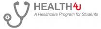 marchio figurativo a colori consiste nella parola HEALTH salute in lingua italiana è in caratteri maiuscoli di colore grigio, marchio figurativo a colori consiste nella parola HEALTH salute in lingua italiana è in caratteri maiuscoli di colore grigio, seguita dai caratteri 4 e U intersecati, di colore rosso. Al di sotto di tale dicitura si trova la scritta A HEALTHCARE PROGRAM FOR STUDENTS programma sanitario per studenti in lingua italiana in caratteri di colore grigio. Il tutto è affiancato dalla figura stilizzata di uno stetoscopio, di colore grigio. Il marchio figurativo a colori consiste nella parola HEALTH salute in lingua italiana è in caratteri maiuscoli di colore grigio