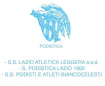 S Podistica Lazio S.S. - LAZIO ATLETICA LEGGERA a.s.d. . - S.Podistica Lazio 1900 - S.S.Podisti e Atleti Biancocelesti SS LAZIO ATLETICA LEGGERA marchio raffigura un aquila vista di prospetto che si appresta a spiccare il volo che sormonta uno scudo bianco e celeste quattro bande celesti tre bianche lo scudo e attraversato da un nastro di colore celeste sul quale compare la scritta S Podistica Lazio sotto lo scudo compare la scritta podistica il marchio e completato dalle sottostanti scritte SS Lazio Atletica Leggera a.s.d. - S.Podistica Lazio 1900 - S.S.Podisti ed Atleti Biancocelesti tutte in stampatello maiuscolo. S Podistica Lazio S.S. - LAZIO ATLETICA LEGGERA a.s.d. . - S.Podistica Lazio 1900 - S.S.Podisti e Atleti Biancocelesti