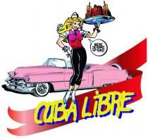 marchio si compone della dicitura CUBA LIBRE di colore giallo e blu in caratteri di fantasia unita a figura marchio si compone della dicitura CUBA LIBRE di colore giallo e blu in caratteri di fantasia unita a figura di donna in atteggiamento gaio con vassoio sulla mano sinistra e posizionata al di sopra di un nastro di colore rosso. Sullo sfondo è posta un auto d epoca di colore rosa. Il marchio si compone della dicitura CUBA LIBRE di colore giallo e blu in caratteri di fantasia unita a figura