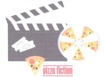 PIZZA FICTION ciak cinematografico con accanto biglietti del cinema con la scritta MM sopra FICTION sotto . Alla sinistra del ciak, PIZZA FICTION ciak cinematografico con accanto biglietti del cinema con la scritta MM sopra FICTION sotto . Alla sinistra del ciak, tranci di pizza posizionati a raggiera sopra una bobina di pellicola. Sotto una singola fetta di pizza e la scritta PIZZA FICTION PIZZA FICTION ciak cinematografico con accanto biglietti del cinema con la scritta MM sopra FICTION sotto . Alla sinistra del ciak