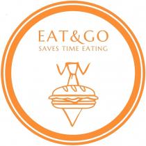 due cerchi concentrici circondano le scritte EAT GO su una prima riga, SAVES TIME EATING su una seconda e due cerchi concentrici circondano le scritte EAT GO su una prima riga, SAVES TIME EATING su una seconda e disegno stilizzato di un panino farcito su una cravatta attaccata un colletto mostrato parzialmente, tutto in arancione su fondo bianco due cerchi concentrici circondano le scritte EAT GO su una prima riga, SAVES TIME EATING su una seconda e