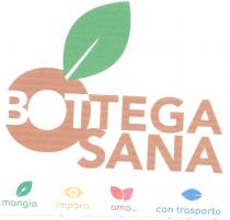 BOTTEGA SANA MANGIA IMPARA AMA...CON TRASPORTO la dicitura BOTTEGA SANA e scritto col font arial black maiuscolo; la scritta BOT, BOTTEGA SANA MANGIA IMPARA AMA...CON TRASPORTO la dicitura BOTTEGA SANA e scritto col font arial black maiuscolo; la scritta BOT, e bianca ed e posta all interno di una improntacircolare marrone; la dicitura TEGA SANA e marrone; nella parte superiore dell impronta circolare e posta una foglia verde. Sotto la scritta BOTTEGA SANA ci sono le scritta mangia ama... con trasporto col font arial black corsivo. Sopra la parola mangia scritta in verde, c e una foglia verde, con all interno una forchetta bianca; sopra la parola impara scritta in giallo, c e una foglia gialla che ha all interno un impronta circolare bianca con centro giallo; sopra la scritta ama... in colore rosso, ci sono due foglie, una rossa ed una fucsia, in parte sovrapposte; sopra la scritta con trasporto in colore blu, c e una foglia blu, orizzontale che ha tre linee grigie, parallele, orizzontali a sinistra e due cerchi concentrici in grigio sul bordo inferiore. Le parole poste sotto le icone sono scritte con il font arial black corsivo. BOTTEGA SANA MANGIA IMPARA AMA...CON TRASPORTO la dicitura BOTTEGA SANA e scritto col font arial black maiuscolo; la scritta BOT
