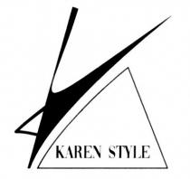 marchio è costituito dal nome di fantasia in caratteri di fantasia KAREN STYLE .Il marchio raffigura la lettera K stilizzata marchio è costituito dal nome di fantasia in caratteri di fantasia KAREN STYLE .Il marchio raffigura la lettera K stilizzata sovrastante il lato sinistro di un triangolo nella cui area ed in specie alla base è ricompresa la denominazione karen style . Il marchio depositato sarà utilizzato in qualsiasi dimensione, colore o combinazione di colori mediante stampa, impressione, incisione, proiezione o in qualsiasi altro modo conveniente. Il marchio è costituito dal nome di fantasia in caratteri di fantasia KAREN STYLE .Il marchio raffigura la lettera K stilizzata