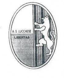 marchio consiste in un ovale bordato da due linee, interiormente suddiviso in due metà simmetriche verticali. La metà di marchio consiste in un ovale bordato da due linee, interiormente suddiviso in due metà simmetriche verticali. La metà di sinistra è ulteriormente suddivisa in due parti simmetriche verticali. La suddivisione delle due metà orizzontali è attraversata da una linea bordata. Nella metà superiore è riportata la dicitura A.S. LUCCHESE . Nella metà inferiore è riportata la scritta LIBERTAS . La metà di destra è interamente attraversata da linee verticali alternate. Le stesse linee orizzontali sono separate da bordi ulteriormente bordati esternamente. Al centro della metà di destra dell ovale è rappresentata la pantera, simbolo della città di Lucca, che ne occupa quasi per intero anche la lunghezza verticale e di cui parte della coda e di una delle zampe si sovrappongono al bordo dell ovale. Il marchio consiste in un ovale bordato da due linee, interiormente suddiviso in due metà simmetriche verticali. La metà di