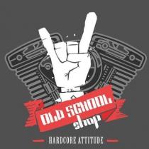 Su sfondo grigio scuro è disegnato un motore bicilindrico di Harley Davidson il cui profilo è di colore grigio più Su sfondo grigio scuro è disegnato un motore bicilindrico di Harley Davidson cui profilo è di colore grigio più chiaro e l interno nero, grigio chiaro e scuro. La parte centrale è parzialmente coperta dal disegno bianco di una mano destra chiusa a pugno, nell insieme forma il tipico segno delle corna : il dito mignolo e indice sono distesi verso l alto, il pollice poggia sul dito anulare e medio piegati. Attorno alla mano sono disegnate piccole gocce bianche: due sopra al dito medio,due in basso a destra del dito indice,due sul lato in basso a destra della mano, una sul lato sinistro e due a sinistra del mignolo. Dalla mano si vede il polso e subito sotto un polsino sul quale è disegnata una borchia stilizzata di forma romboidale irregolare e una a forma di triangolo bianco irregolare sporgente sul lato sinistro, anch essi di colore bianco. Il polsino è parzialmente coperto da uno striscione stilizzato e inclinato verso destra di colore rosso tenue al centro del quale si trova, con la medesima inclinazione, la scritta bianca maiuscola OLD SCHOOL . Le bande laterali dello striscione realizzano l effetto ombra mediante due triangoli di colore rosso vivo: uno si trova vicino allo spigolo superiore sinistro e uno in basso vicino allo spigolo inferiore destro; le bande laterali dello striscione terminano con i bordi frastagliati di colore rosso e grigio. Subito sotto, sullo sfondo grigio scuro, con la medesima inclinazione del testo sovrastante, è scritta in bianco con caratteri minuscoli la parola shop in cui la parte superiore della lettera h copre parzialmente lo striscione rosso, la parola si allinea al lato destro dello stesso proprio al livello del triangolo rosso vivo. Sotto il disegno, al centro, tra due trattini di colore rosso tenue si trova la scritta bianca maiuscola HARDCORE ATTITUDE Su sfondo grigio scuro è disegnato un motore bicilindrico di Harley Davidson il cui profilo è di colore grigio più