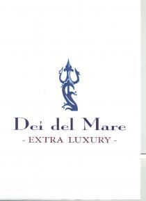 Dei del Mare - EXTRA LUXURY - Il logo rappresenta un tridente composto da una lancia a forma di onda Dei del Mare - EXTRA LUXURY - logo rappresenta un tridente composto da una lancia a forma di onda marina e da due rebbi che terminano in punta con due teste di drago poste in verticale. Le tre punte sono attaccate una stella di mare. Il tutto forma un forcone. Il tridente esce dall acqua e provoca delle onde che lo avvolgono. Colore base del logo è il blù notte. Completa il marchio la scritta, su due livelli, Dei del Mare, di colore blù notte, ed EXTRA LUXURY, in rosso porpora e in caratteri maiuscoli. Dei del Mare - EXTRA LUXURY - Il logo rappresenta un tridente composto da una lancia a forma di onda