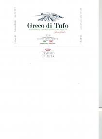 GRECO DI TUFO CLAUDIO QUARTA: TRATTASI DI ETICHIETTA DELLA CANTINA SANPAOLO DI VINO BIANCO GRECO DI TUFO DOCG RAFFIGURANTE, SU GRECO DI TUFO CLAUDIO QUARTA: TRATTASI DI ETICHIETTA DELLA CANTINA SANPAOLO DI VINO BIANCO GRECO DI TUFO DOCG RAFFIGURANTE, SU FONDO BIANCO, IMMAGINE STILIZZATA DI UN PAESAGGIO CON VIGNETO IN COLORE ARGENTO, LE PAROLE GRECO DI TUFO IN GRASSETTO CON OMBREGGIATURA VERDE, FIRMA AUTOGRAFA DI CLAUDIO QUARTA IN ROSSO, SUL LATO DESTRO E SINISTRO IN NERO INDICAZIONI TECNICHE DI PRODUZIONE LIMITATA E DATI DEL VINO, IN BASSO AL CENTRO ANNATA DEL VINO, NOME DELLA CANTINA E LUOGO DI PRODUZIONE: SANPAOLO AZIENDA AGRARIA SRL - TORRIONI AV, BANDIERA TRICOLORE STILIZZATA COME DA ESEMPLARE IN ALLEGATO GRECO DI TUFO CLAUDIO QUARTA: TRATTASI DI ETICHIETTA DELLA CANTINA SANPAOLO DI VINO BIANCO GRECO DI TUFO DOCG RAFFIGURANTE, SU