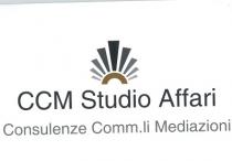 CCM STUDIO AFFARI- Corona stilizzata di grattacieli posizionata in modo centrato sopra alla denominazione sociale CCM STUDIO AFFARI, sotto cui CCM STUDIO AFFARI- Corona stilizzata di grattacieli posizionata in modo centrato sopra alla denominazione sociale CCM STUDIO AFFARI, sotto cui sono riportati una sintesi dei servizi offerti, quali Consulenze Comm.li Mediazioni. CCM STUDIO AFFARI