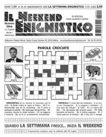 marchio consiste nella impaginazione della prima di copertina di una rivista in cui, sotto la testata IL WEEKEND ENIGMISTICO, marchio consiste nella impaginazione della prima di copertina di una rivista in cui, sotto la testata IL WEEKEND ENIGMISTICO, disposta sull intera larghezza della parte superiore della pagina e sopra una fascia riquadrata collocata alla base della pagina, figura al centro uno schema di cruciverba asimmetrico, avente ai lati la riproduzione fotografica di persone, oggetti e/o animali e al di sotto le definizioni, orizzontali e verticali, disposte su due colonne parallele, di pari dimensioni e disposte simmetricamente le orizzontali a sinistra e le verticali a destra . A seconda delle dimensioni della prima di copertina della rivista, le proporzioni tra base e altezza possono anche variare Il marchio consiste nella impaginazione della prima di copertina di una rivista in cui, sotto la testata IL WEEKEND ENIGMISTICO
