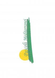 PASCOLI MEDITERRANEI - Cerchio pieno giallo che simula il sole all orizzonte che sorge su una campagna rappresentata da due bande PASCOLI MEDITERRANEI - Cerchio pieno giallo che simula sole all orizzonte che sorge su una campagna rappresentata da due bande di colore verde scuro e verde più chiaro, con la scritta Pascoli Mediterranei, che parte dal centro del sole e si estende verso destra. PASCOLI MEDITERRANEI - Cerchio pieno giallo che simula il sole all orizzonte che sorge su una campagna rappresentata da due bande